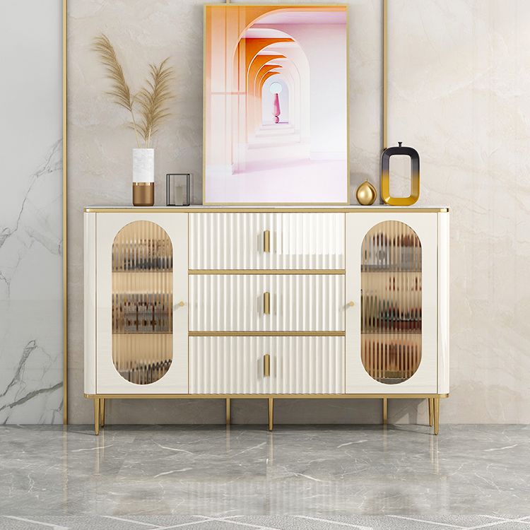 White Buffet Server with Glass Doors Glam Dining Server for Dining Room