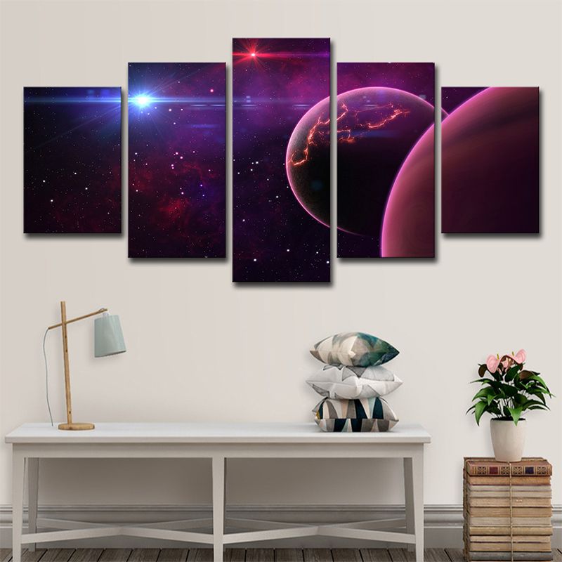 Universe Wall Art Kids Dreamy Planet and Stars Canvas Print in Purple for Bedroom