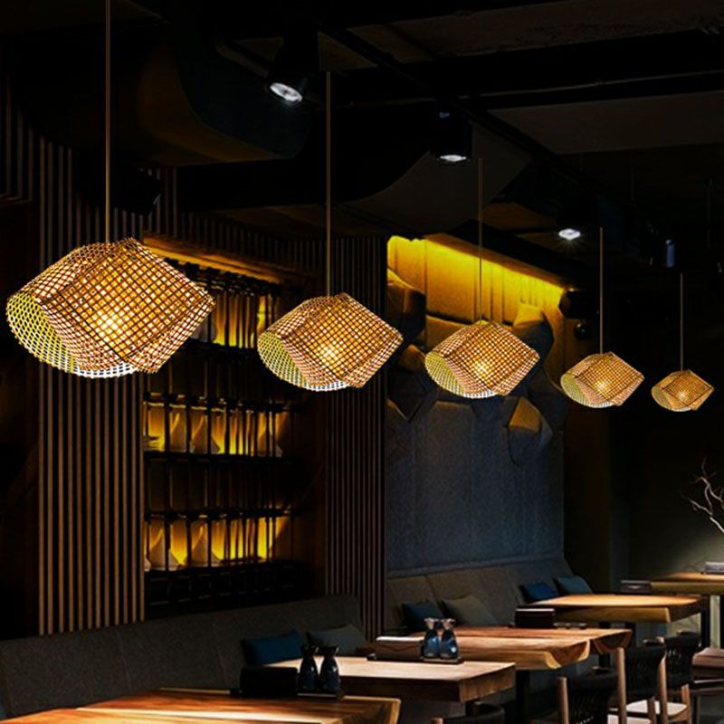 Twisted Bamboo Ceiling Light Asian Style 1 Bulb Wood Hanging Light Fixture for Restaurant