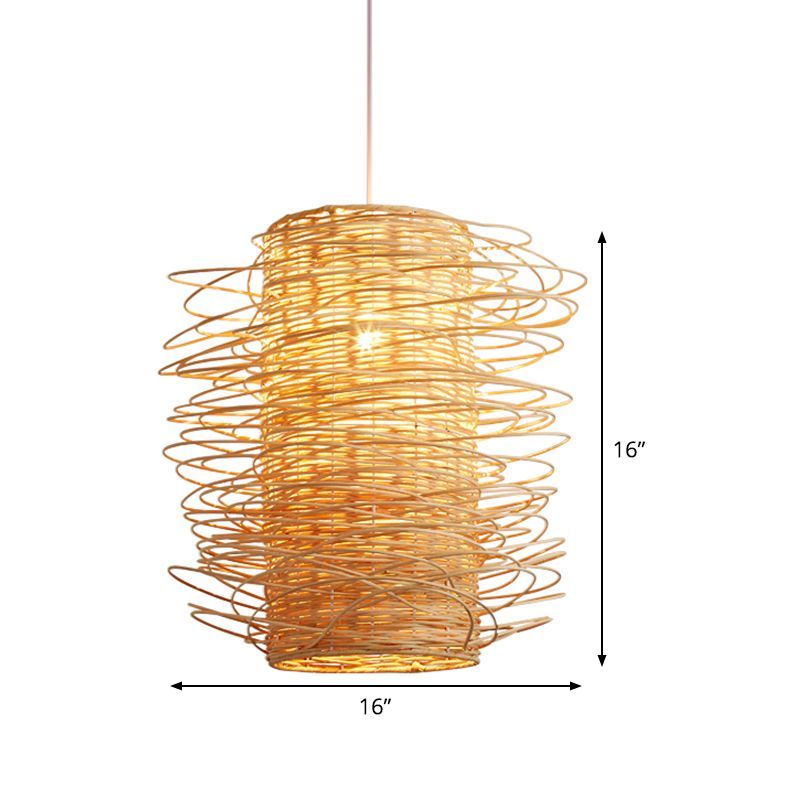 Japanese Cylindrical Pendant Lighting Rattan 1 Head Ceiling Suspension Lamp in Beige