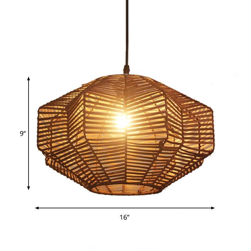 Brown Lantern Pendant Lighting Traditionary Rattan 1 Bulb Hanging Lamp Kit for Restaurant