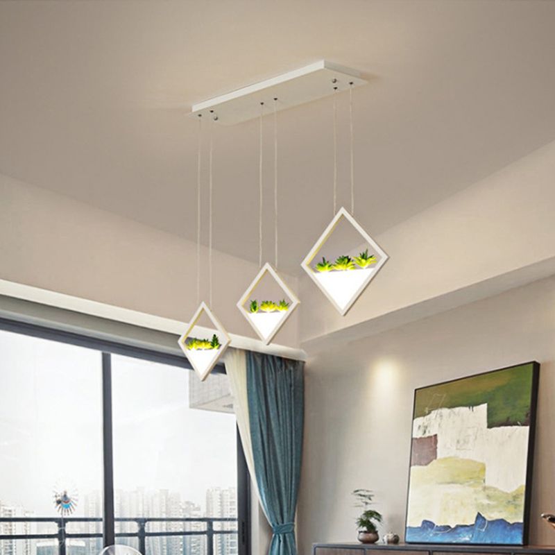Witte 3-rhombus Suspensie Licht Modernisme Led Acryl Cluster Pendant Lamp met Plant Deco in warm/wit licht