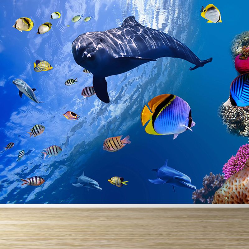 Tropical Ocean Animals Wall Mural Blue Water-Proof Wall Decor for House Interior