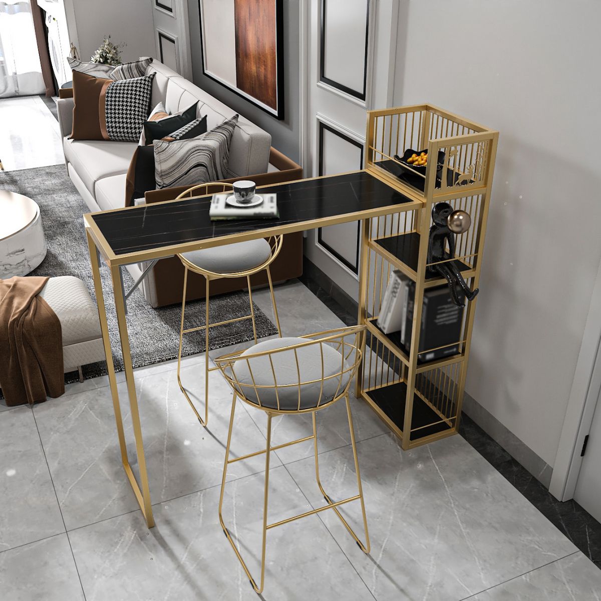 Table de bar de style glam noir et or dans la table de bar à thé à thé en métal au lait en métal
