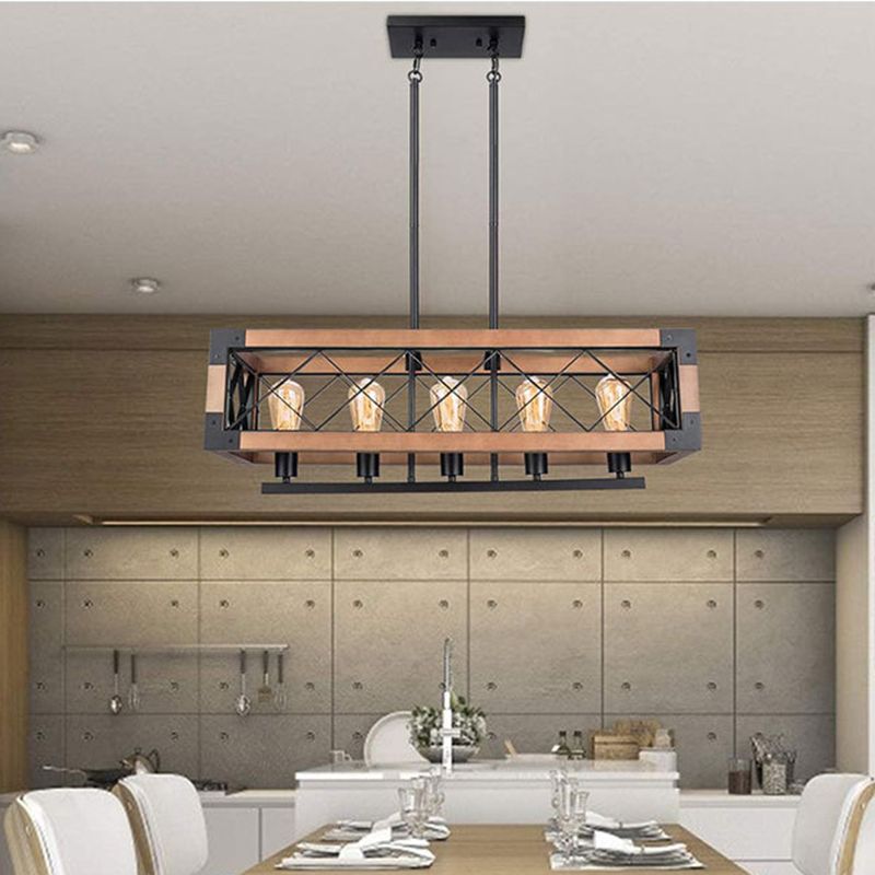 Bois + Iron Cage 5 Light Island Light Industrial Style Hanging Lighting Forment pour Restaurant Cafe Shop