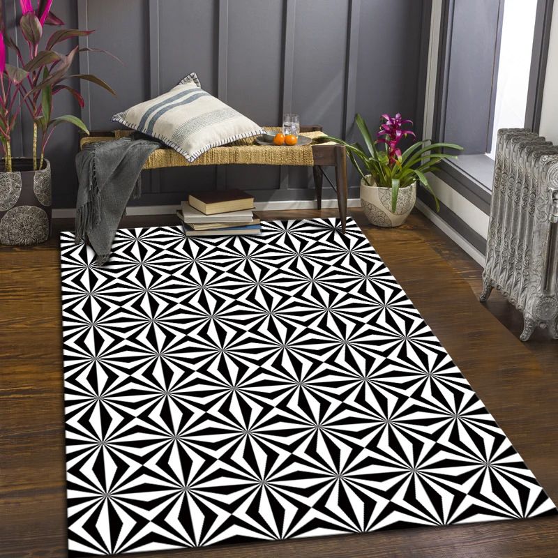 Alfombra de estampado de estampado de estampado de rejilla de poliéster de poliéster negro para sala de estar para sala de estar