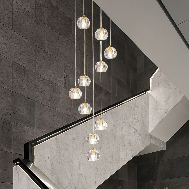 Ball Clear Glass Multi Pendant Modern Style Gold Pendulum Light met spiraalvormig ontwerp voor trappen