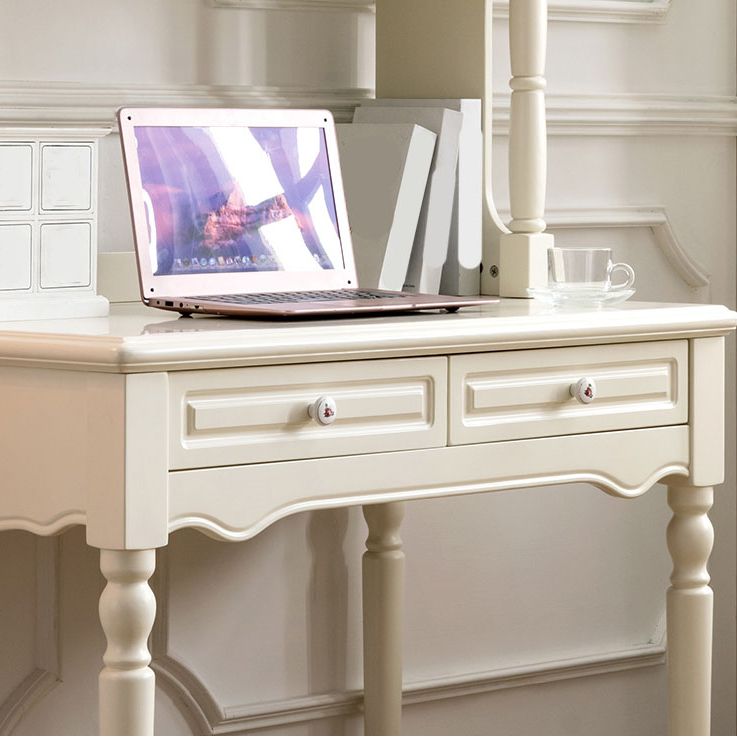 White Solid Wood Writing Desk with Storage Shelves and Storage Drawer