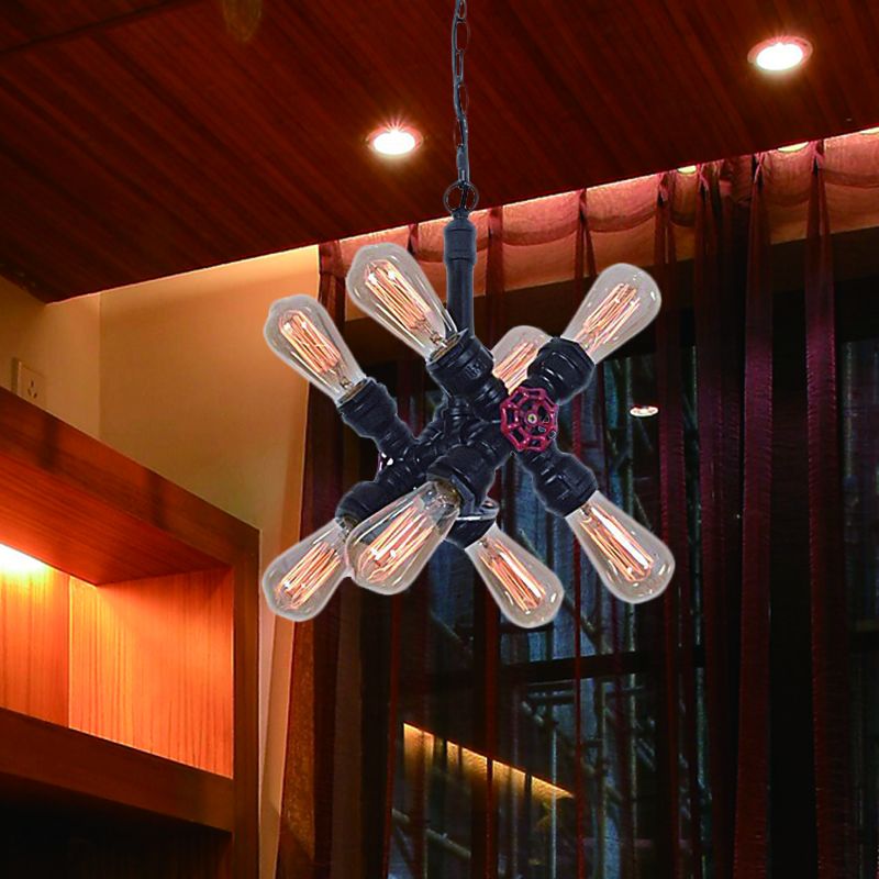Farmhouse Cross Pipe Pendant Chandelier 8 Lights Metal Hanging Ceiling Lamp in Black for Living Room