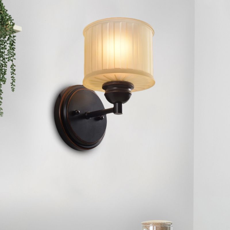 1 Bulb Small Drum Sconce Lighting Country Style Black Finish Tan Glass Wall Mounted Lamp