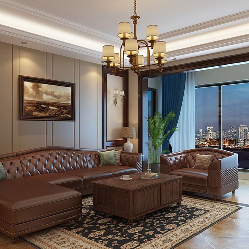 Flared Arm Tufted Back Sectional Sofa Mid-century Modern Brown Sectional