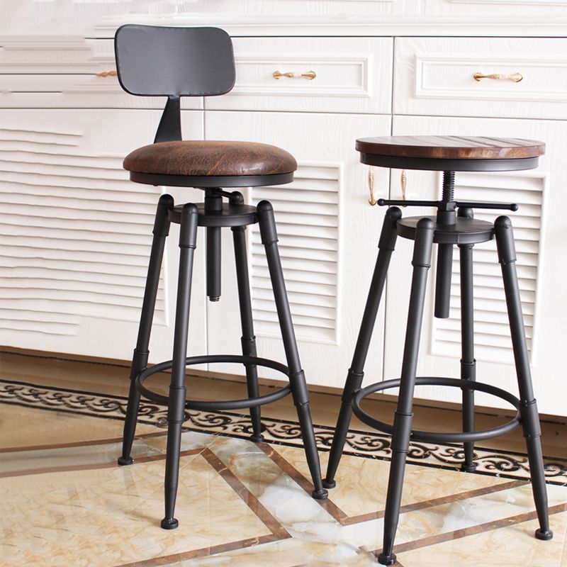 Industrial Metal Barstool Low Back Faux Leather Cushion Footrest Stool with 4 Legs