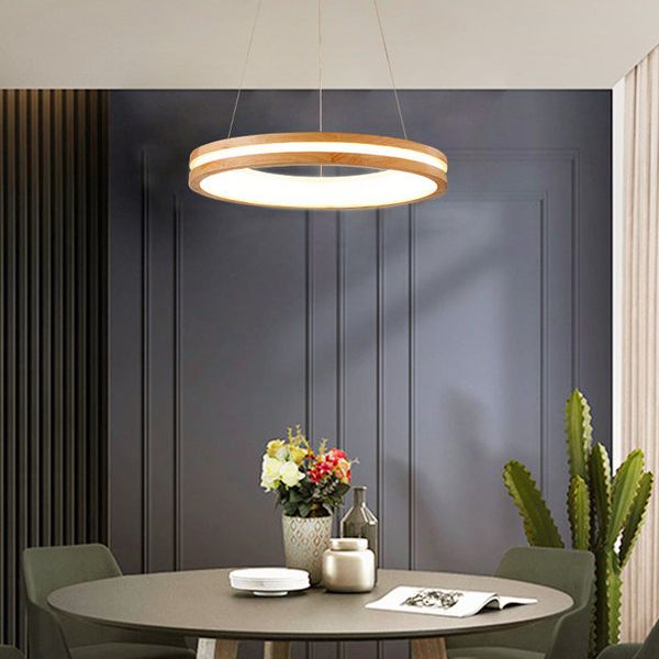 Circular LED Chandelier Light Fixture Simplicity Wooden Diner Ceiling Suspension Lamp