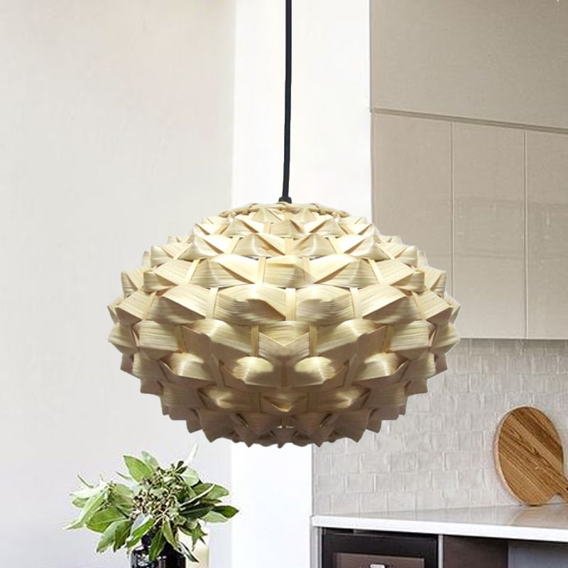 Lantern Hanging Lamp Asian Bamboo 1 Bulb Beige Pendant Lighting Fixture, 12"/16" Wide