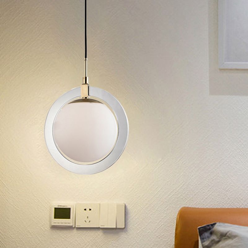 Globe Hanging Pendant Light Minimalist White Glass Single Bedside Suspended Lighting Fixture with Ring Arm