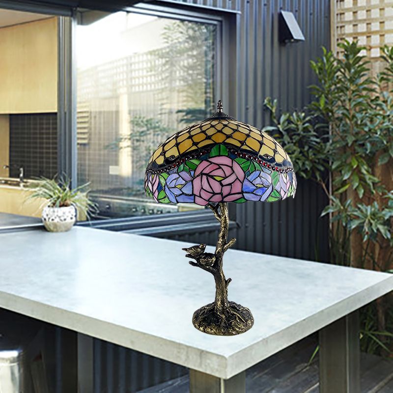 Stained Glass Brass Table Light Leaf/Rose/Peony Single Head Tiffany Style Nightstand Lamp for Bedroom