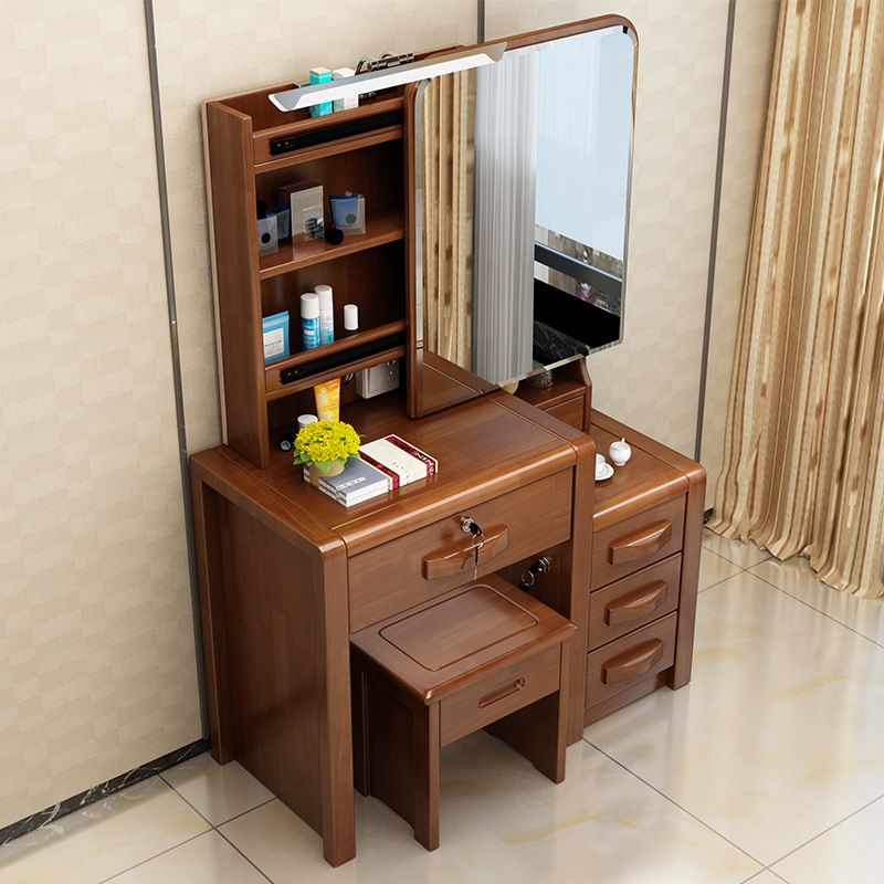 Traditional Solid Wood Make-up Vanity with Mirror and Stool,6 Drawers