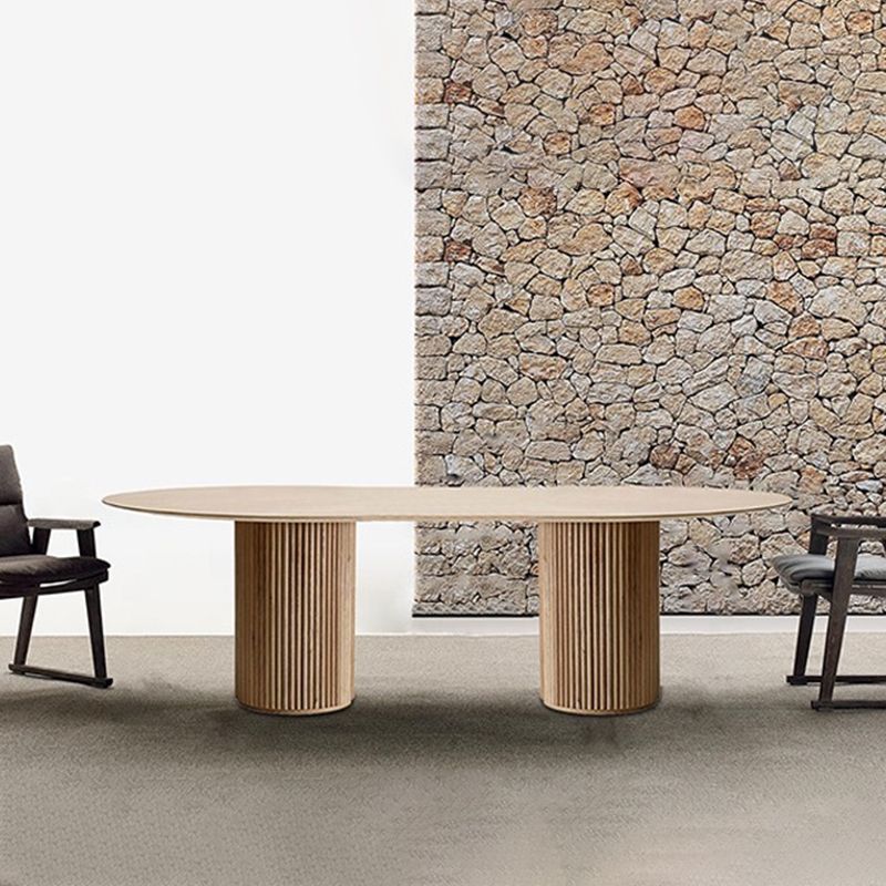Oval Double Pedestal Modern Dining Table White Fixed Table with Solid Wood