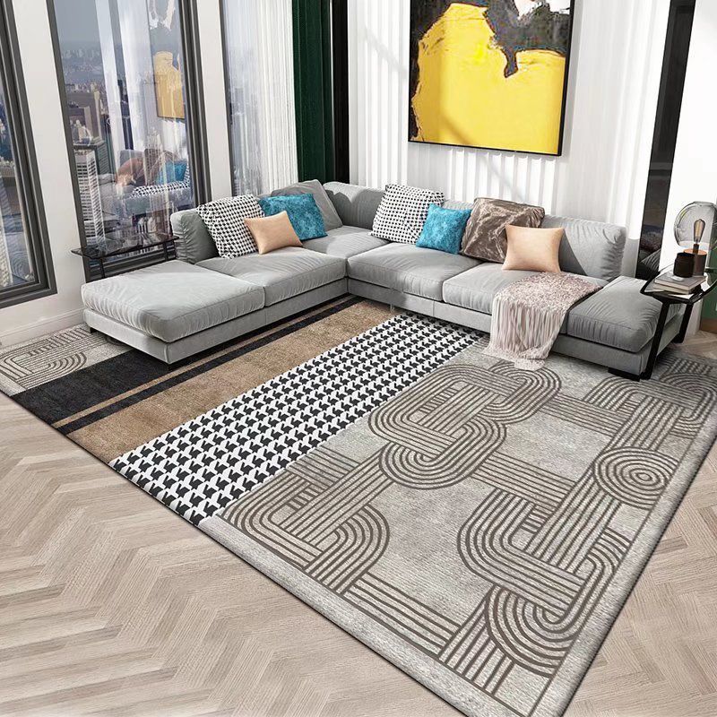 Black Modern Rug Polyester Geometric Patterns Rug Washable Rug for Living Room
