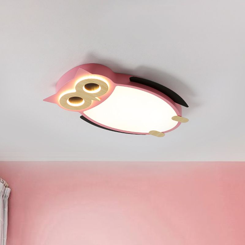 White/Pink/Blue Owl Flush Ceiling Light Cartoon Metal LED Integrated Flush Mount Lamp for Children