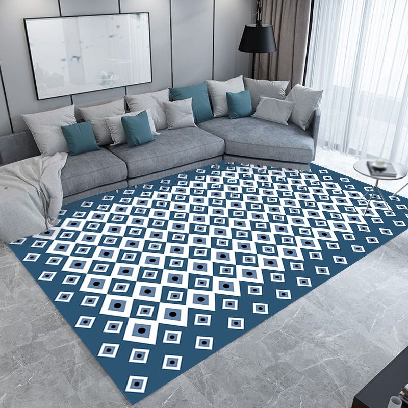 Retro Geometric Pattern Rug Blue Bohemian Rug Polyester Pet Friendly Non-Slip Backing Washable Area Rug for Living Room