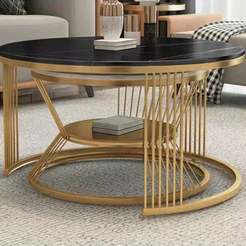 Round White Slate Coffee Table with Shelf Frame Base 2 Nestling Cocktail Table