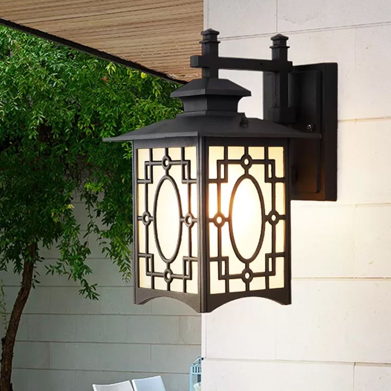 1 Head Frosted Glass Wall Lighting Rustic Black/Bronze Lantern Shaped Courtyard Sconce Light