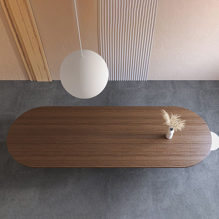 Oval Modern Dining Table Solid Wood Fixed Table with Double Pedestal Base