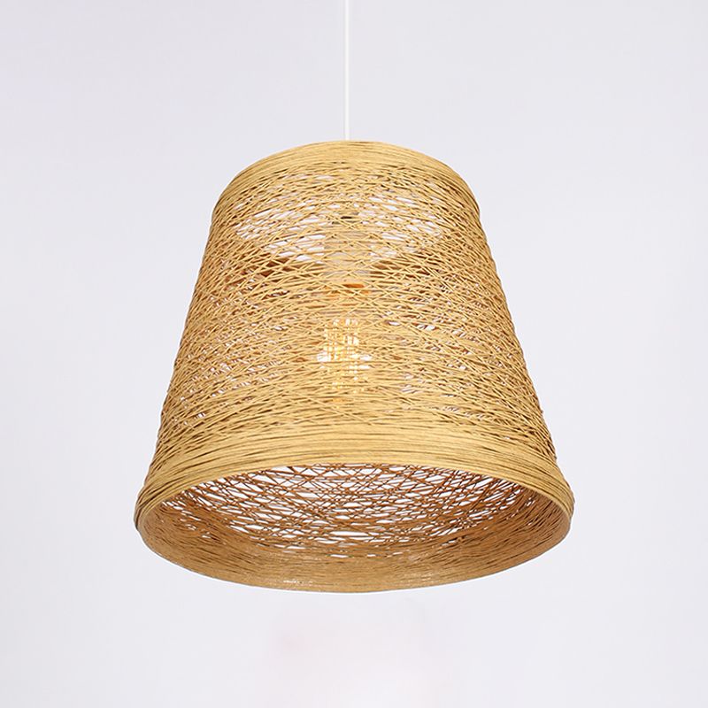 Bamboo Rattan Bucket Pendant Light Rural Single Flaxen Hanging Lamp Kit for Restaurant