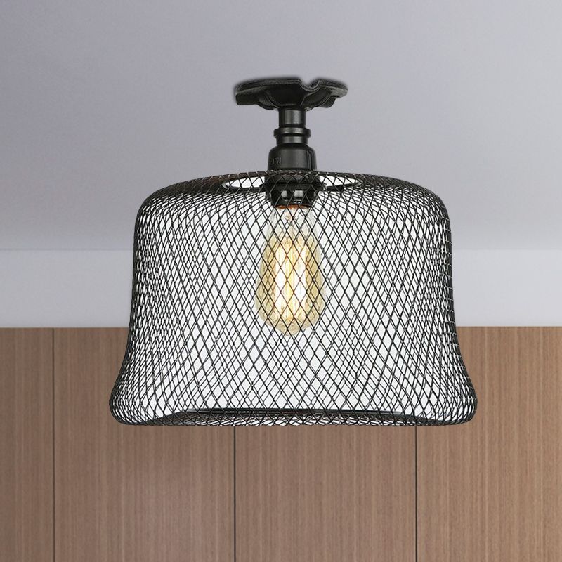 1 Bulb Saucer/Barrel Semi Flush Light Industrial Stylish Black Finish Metal Ceiling Mounted Light with Mesh Screen