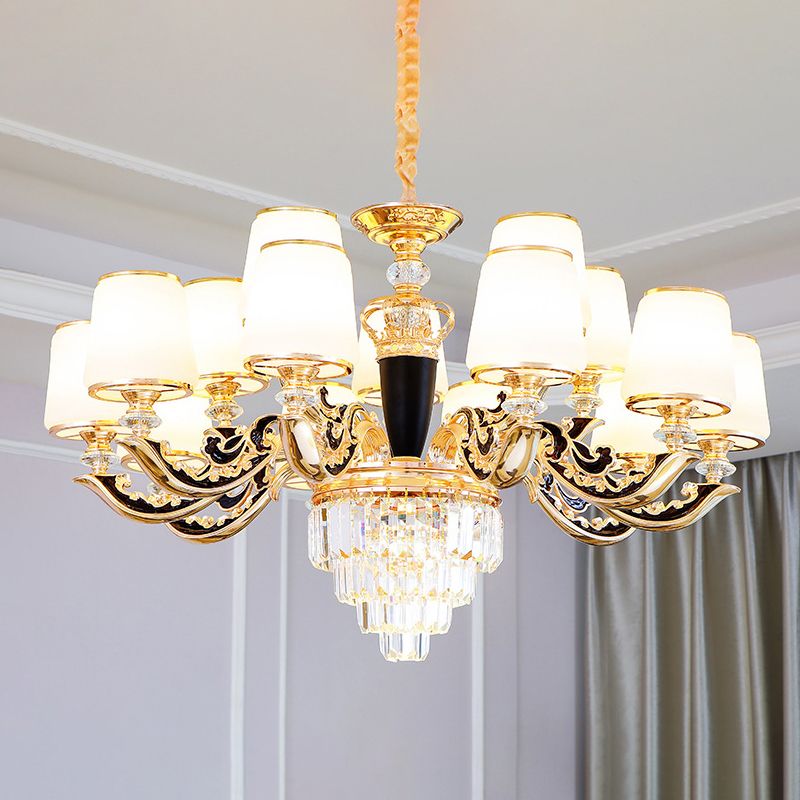 White Glass Tapered Ceiling Lighting Traditional Living Room Chandelier Light with Layered Crystal Decor