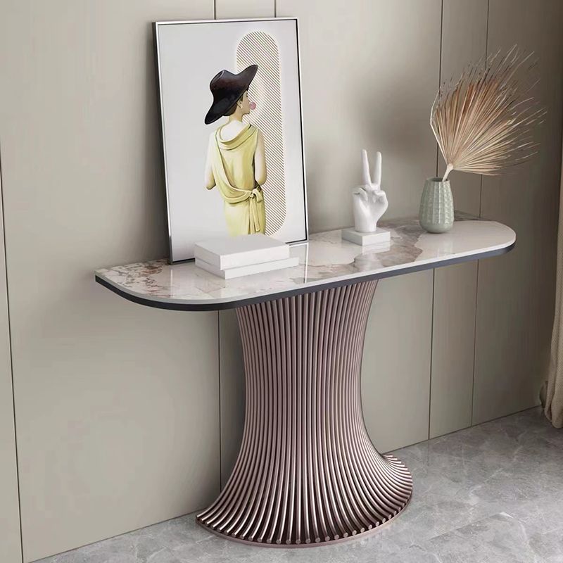Contemporary Stone Accent Table Half Moon Pink Sofa Console Table for Hall