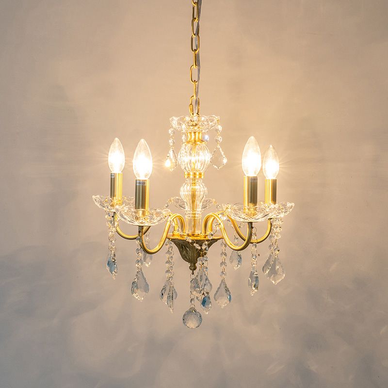 Faux Kerzenhänge hängende leichte ländliche Goldmetallkronleuchter mit klarem Kristallstrang