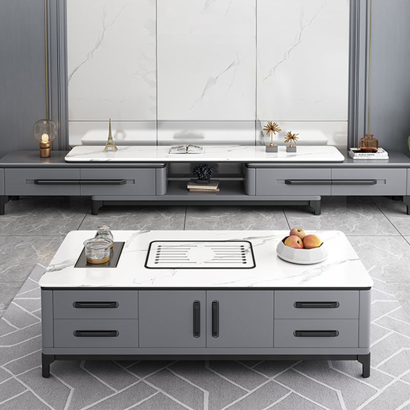 Contemporary Cocktail Table Stone Rectangle Top 4 Legs with 8 Drawers