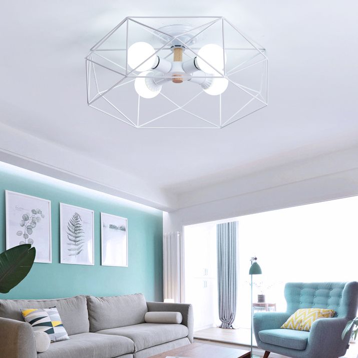 Industrial Flush Light Fixtures Cage-Shaped Iron Flush Mount Lamps for Bedroom