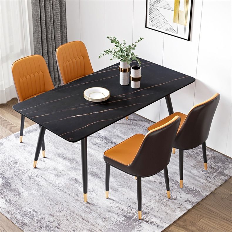 Stone Top Table Contemporary Rectangle Table with 4 Legs in Black