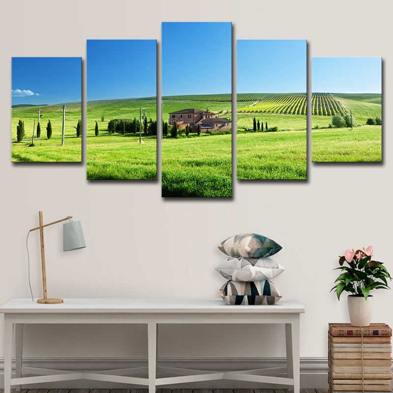 Farm Landscape Wall Art Decor Modern Vast Meadow Scenery Canvas in Green and Blue