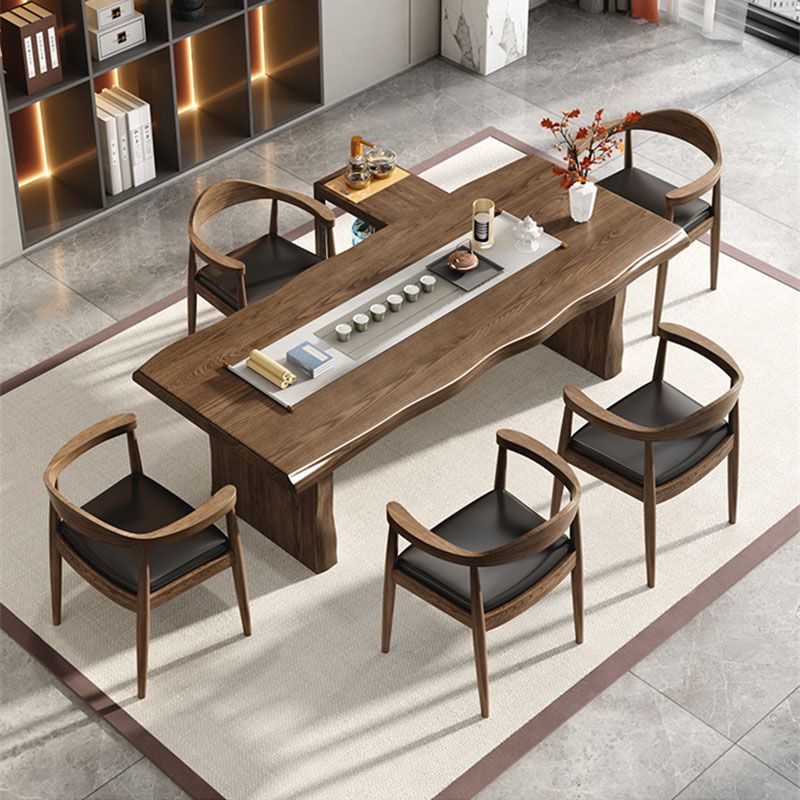 Modern Double Pedestal Dining Table Solid Wood Dining Room Kitchen Table in Brown