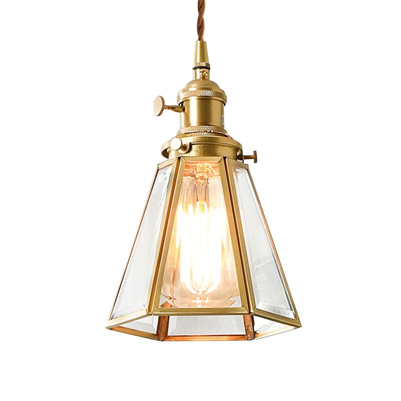 Clear Glass Tapered Suspension Lamp Colonialist 1 Bulb Restaurant Pendant Light Fixture in Gold