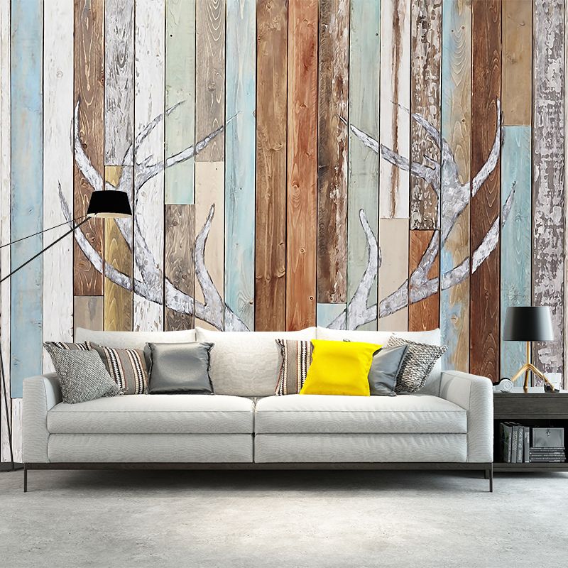 Rustic Antler Print Murals Decal Blue-Brown Barn Wood Wall Decor for Living Room
