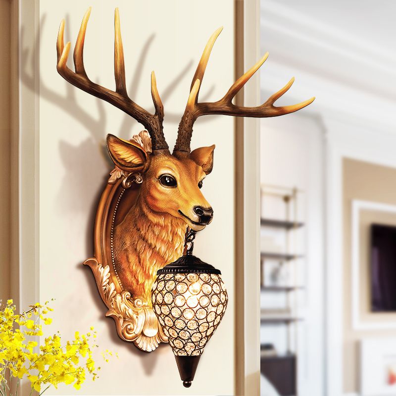 White/Beige/Yellow Deer Wall Lighting Rustic Resin 1 Light Living Room Sconce Lamp with Droplet Crystal Shade