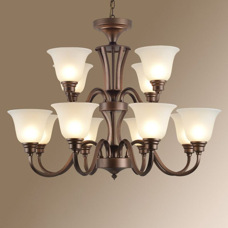 Bell Frost Glass Ceiling Lighting Traditional Living Room Chandelier Light Fixture in Brown