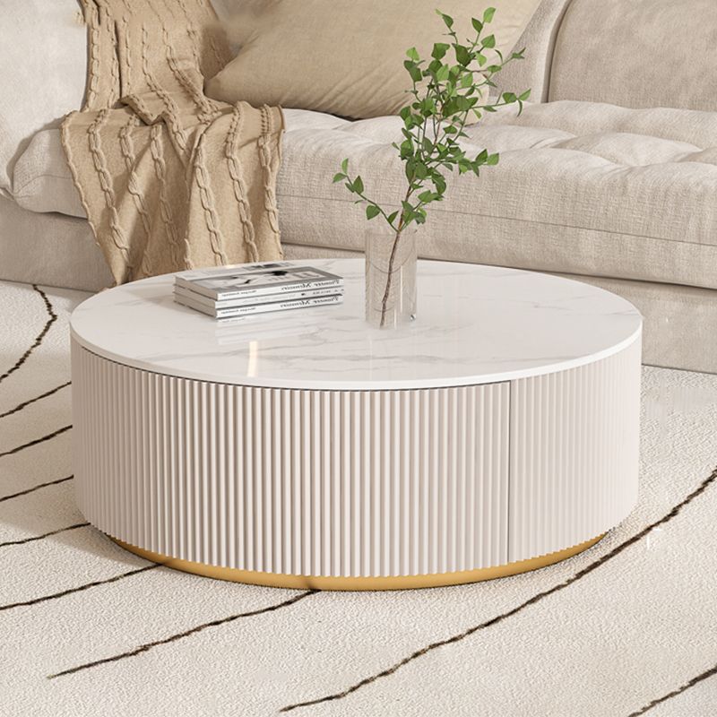 Drum Coffee Table Round Slate Top Cocktail Table with 2 Storage Drawers