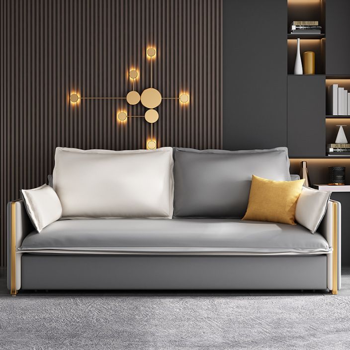 Modern Square Arm Sofa Bed Gray Faux Leather Sofa with Storage
