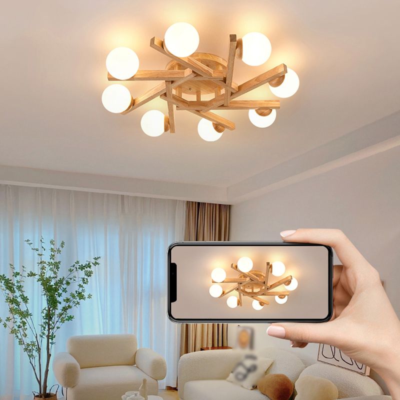 Nordic Flush Mount Globe Ceiling Light Fixture with Wood and Glass for Bedroom