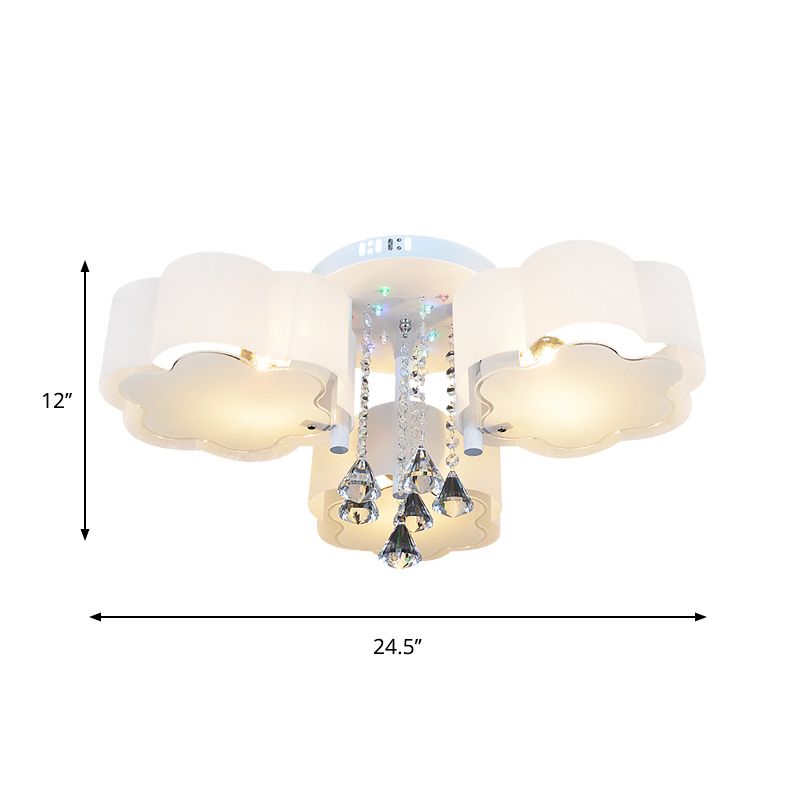 Contemporary Bloom Flush Mount Lamp 3/5 Heads White Glass Flush Light with Crystal Draping