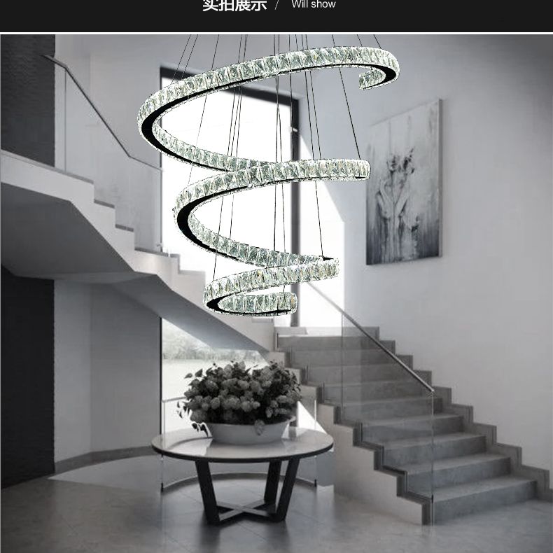 Cristal incrusté en spirale lustre pendentif lumineuse simplicité en acier inoxydable