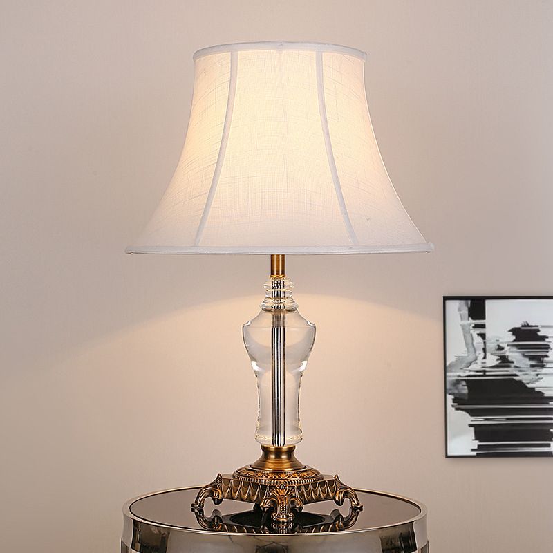 1 Light Fabric Night Light Countryside White Cone Living Room Nightstand Lamp with Crystal Accent