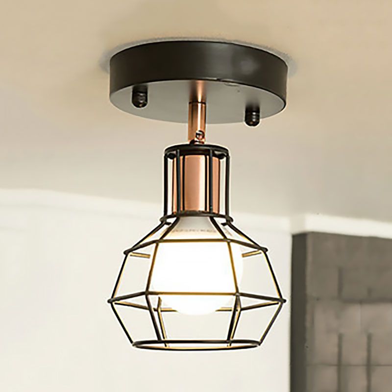 Zwart/witte plafondlamp met draadkooi, industrieel metaal, 1 lamp, semi-inbouwlamp voor slaapkamer
