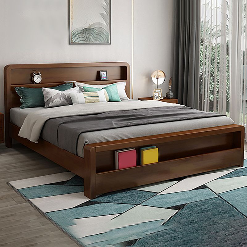 Traditional Standard Bed Pine Wood Panel Rectangular Bed Frame in Natural and Walnut